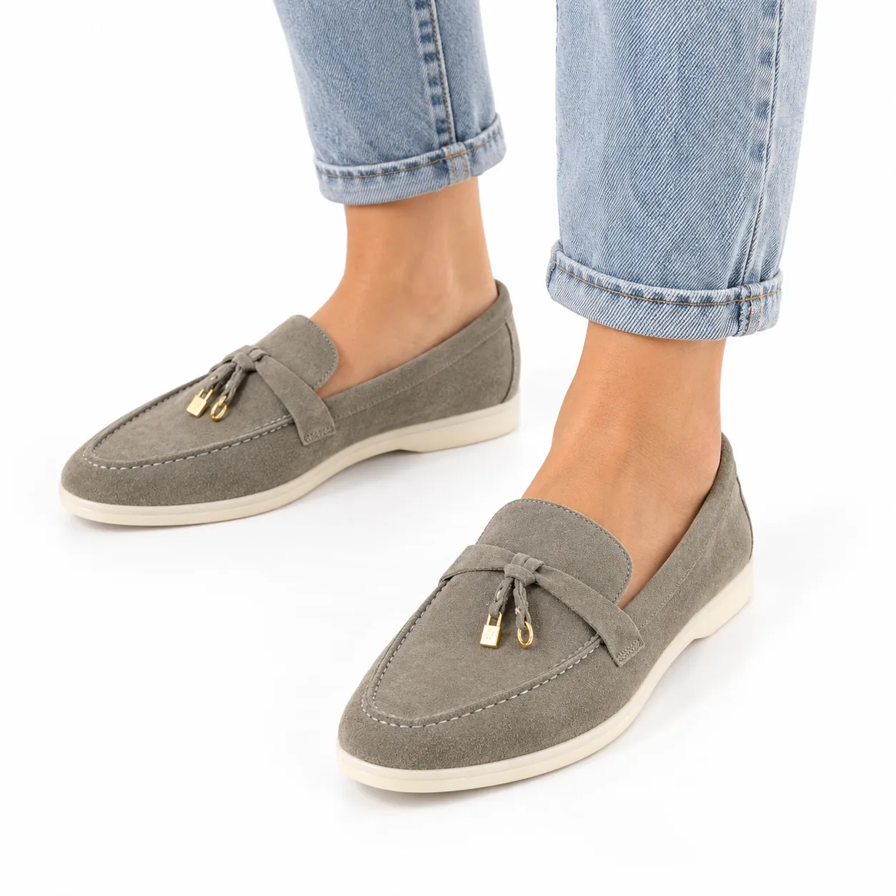 Mocassin pour femme ER-1 gris taupe cuir velours